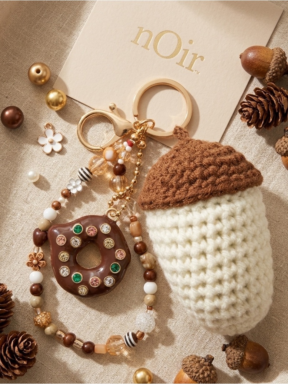 nOir Jewelry Cream & Brown Crochet coffee Keychain with Donut Charm